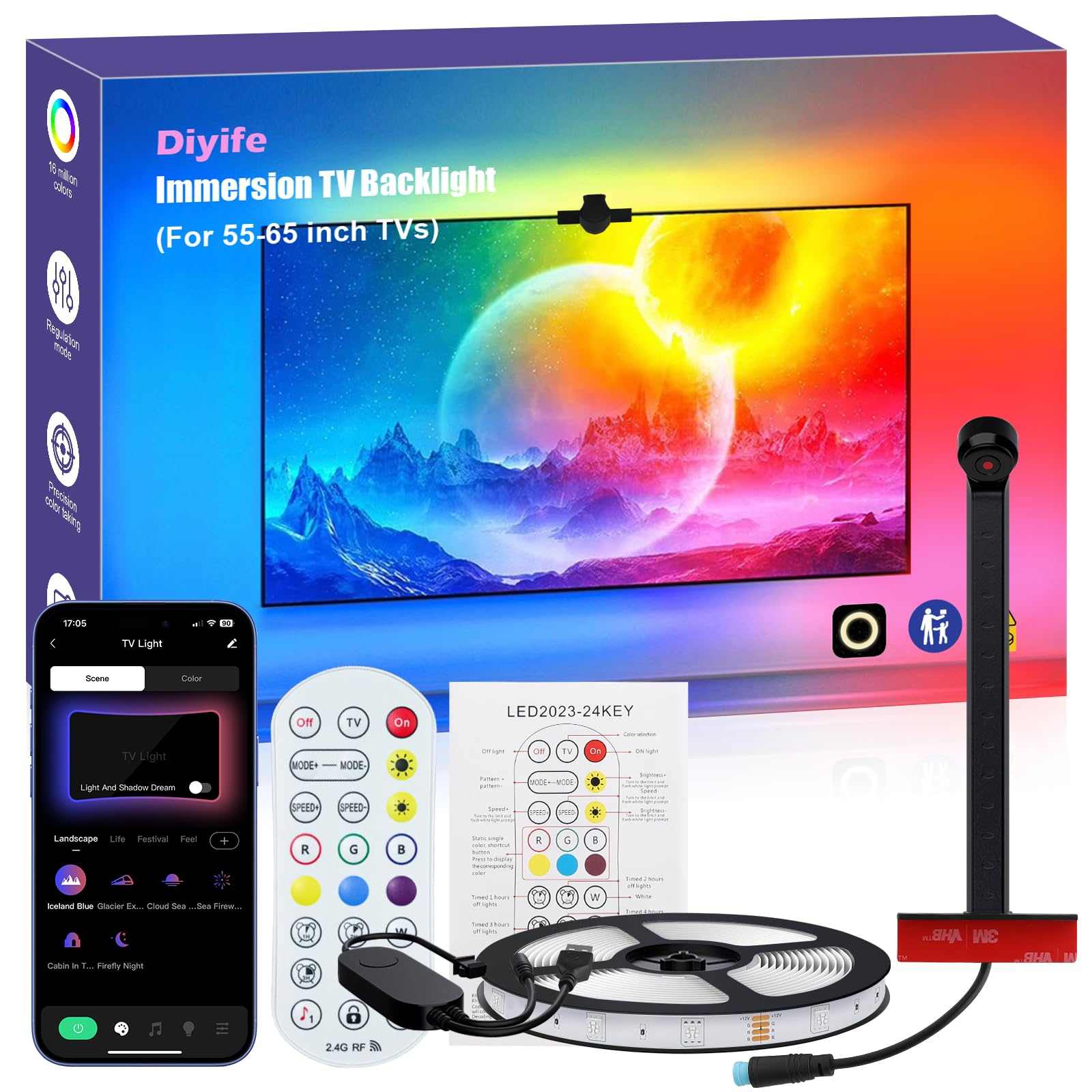 Diyife TV LED Lights, 4m TV Backlights with AR Sensor Sync to 55 - 65 inch TVs Screen & Music, Multiple Colors Changing RGB LED Strip Lights for TV Work with Remote, Bluetooth, Smart App Control - TechsWorld