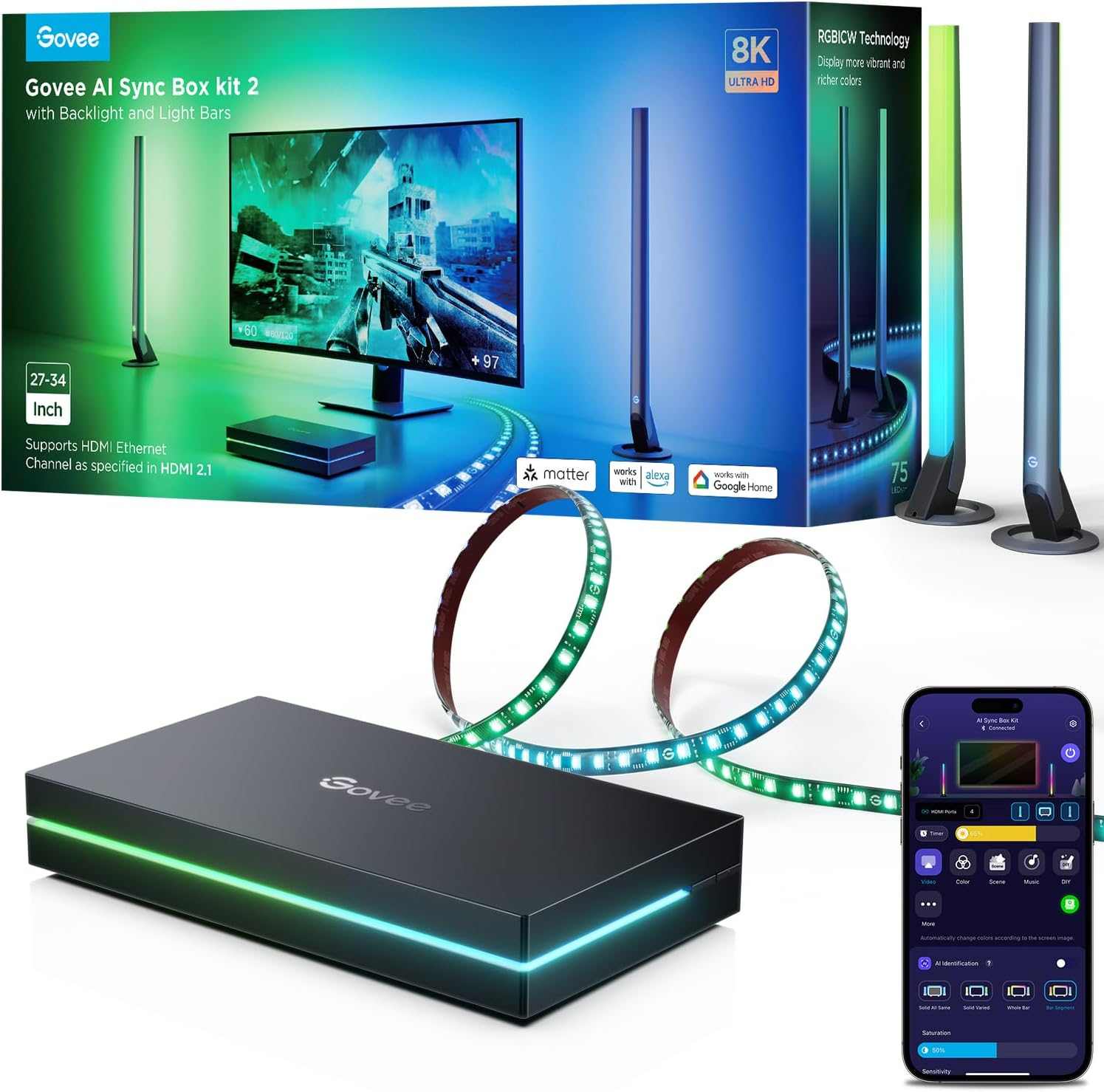 Govee HDMI 2.1 AI Sync Box Kit 2, Includes Light Bars, and Monitor Backlight, Supports 8K@60Hz, 4K@144Hz, VRR and ALLM, Works with Matter and Alexa, RGBIC Light Strip for 27 - 34 inch Monitor - TechsWorld