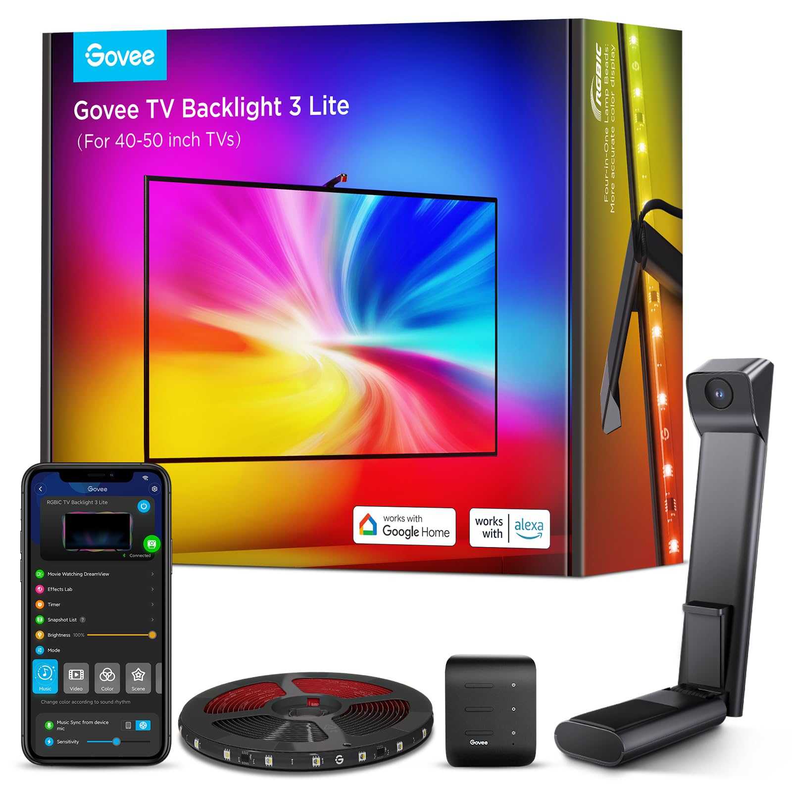 Govee TV Backlight 3 Lite with Fish - Eye Correction Function Sync to 55 - 65 Inch TVs, 3.6m RGBICW Wi - Fi TV LED Backlight with Camera, 4 Colours in 1 Lamp Bead, Voice and APP Control, Adapter - TechsWorld