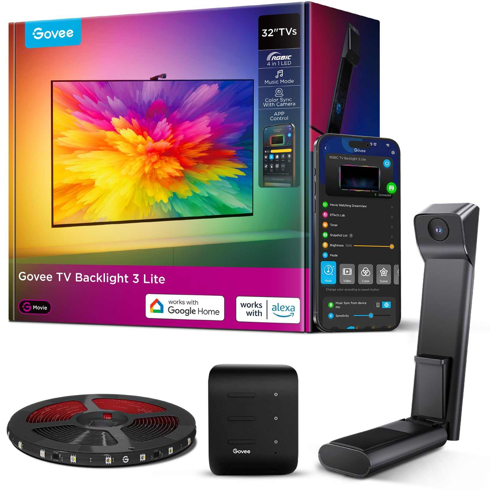 Govee TV Backlight 3 Lite with Fish - Eye Correction Function Sync to 55 - 65 Inch TVs, 3.6m RGBICW Wi - Fi TV LED Backlight with Camera, 4 Colours in 1 Lamp Bead, Voice and APP Control, Adapter - TechsWorld