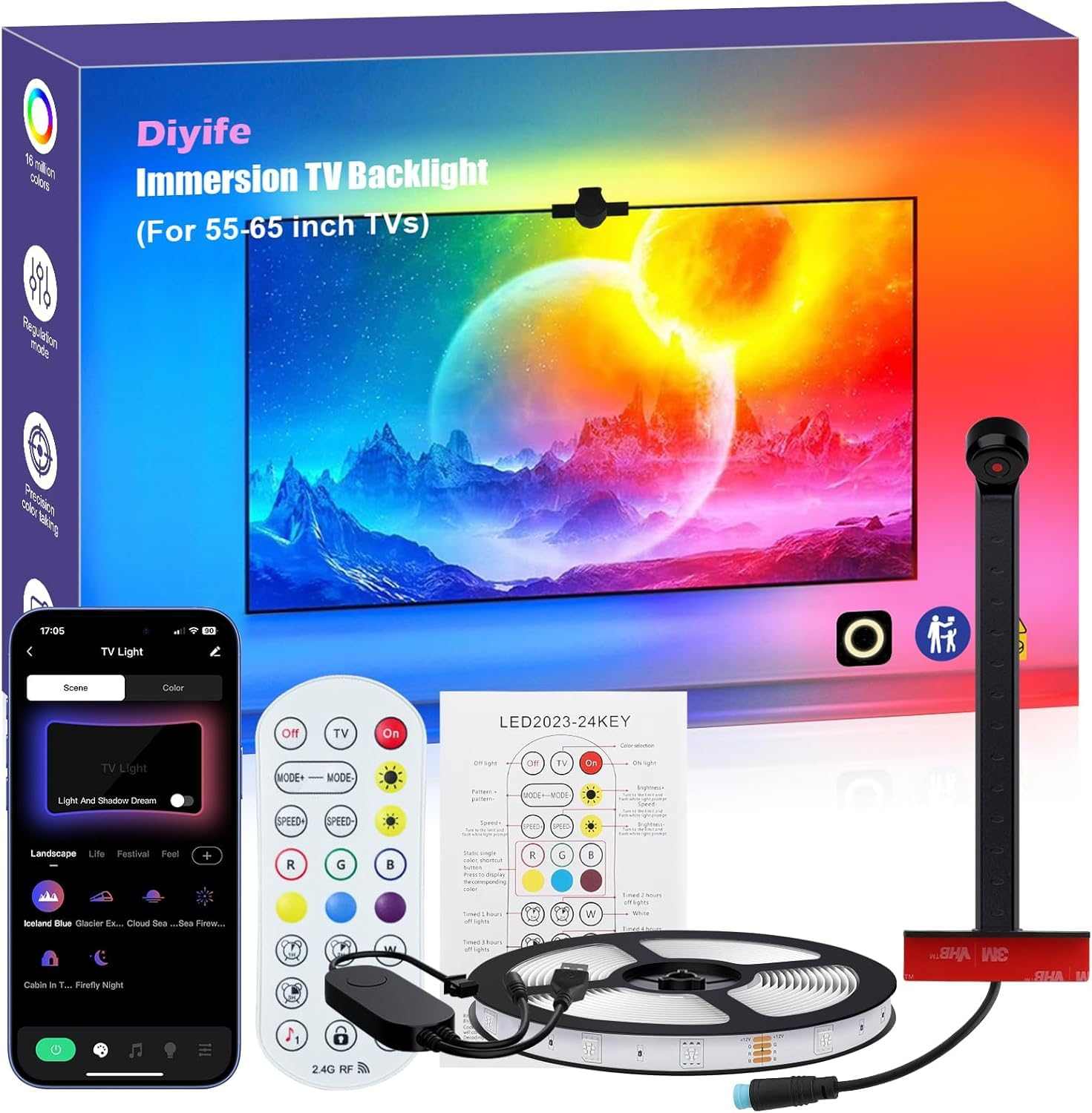 Diyife TV LED Lights, 4m TV Backlights with AR Sensor Sync to 55 - 65 inch TVs Screen & Music, Multiple Colors Changing RGB LED Strip Lights for TV Work with Remote, Bluetooth, Smart App Control - TechsWorld