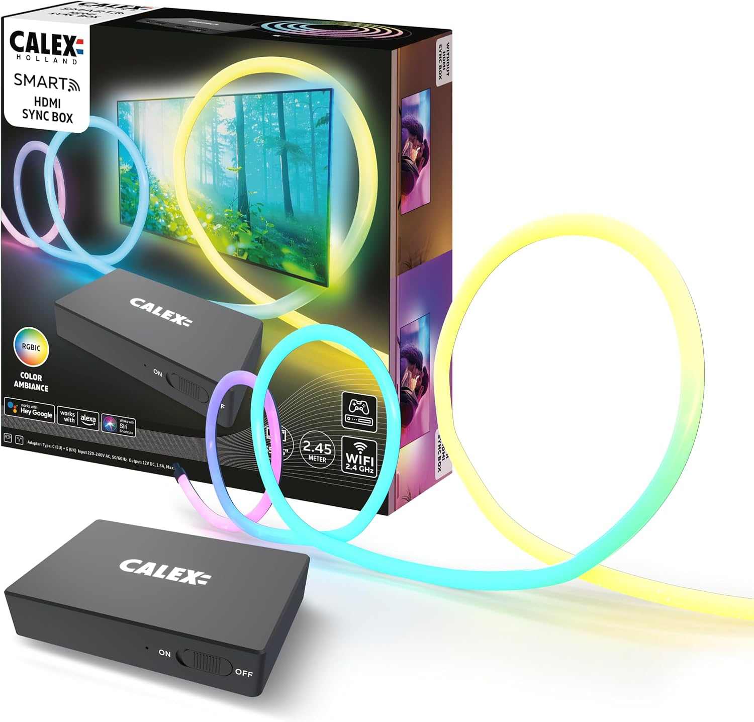 Calex - Smart HDMI Sync Box, including 2.45 m TV LED strip, for 55 - 65'' TVs, backlight with sync for gaming & movies - TechsWorld