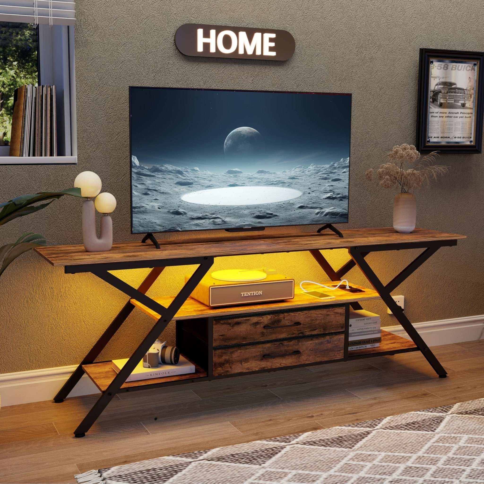 Rustic 55" TV Stand for TV up to 65 Inch TV Console with Power Outlet and LED Light TV Cabinet 2 Storage Fabric Drawers Entertainment Center for Bedroom Living Room - TechsWorld
